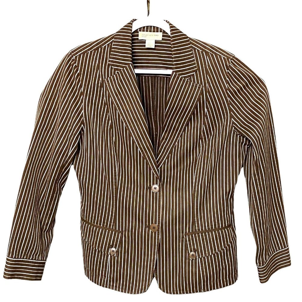 Jones New York Sport Long Sleeve Blazer Womens Size Large Cotton Brown White‎